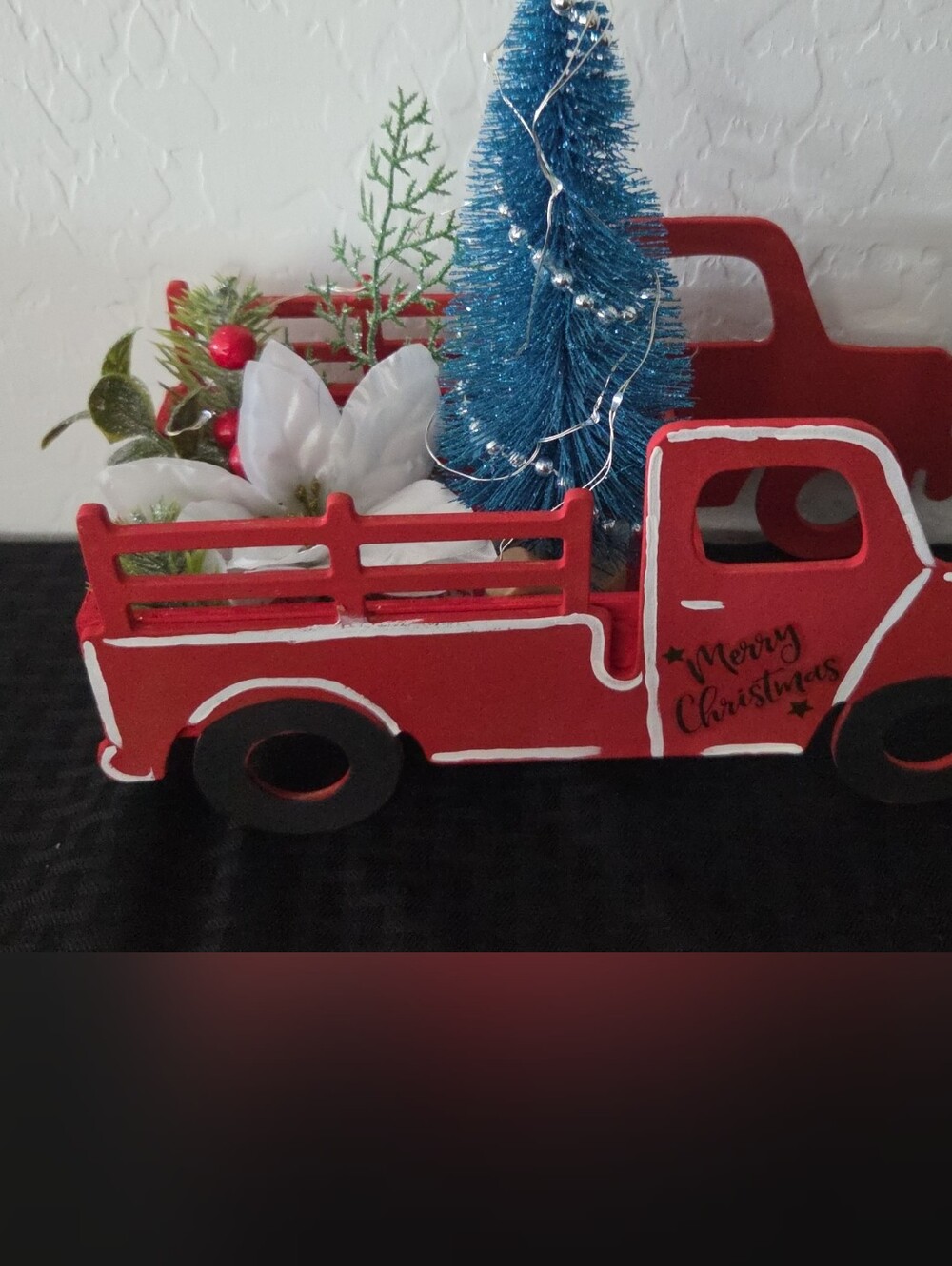 Holiday Red Truck Decorative Centerpiece with Blue Bottle Brush Tree